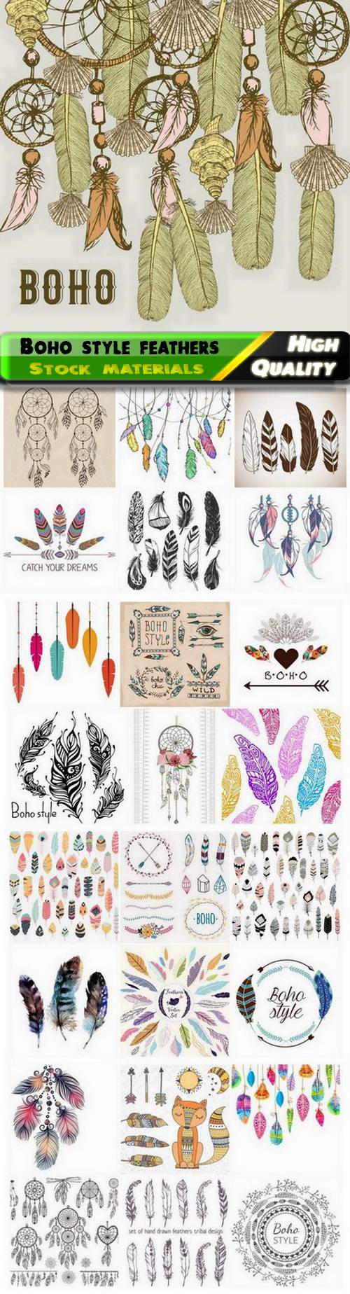 Boho colored and silhouette of feather 25 Eps