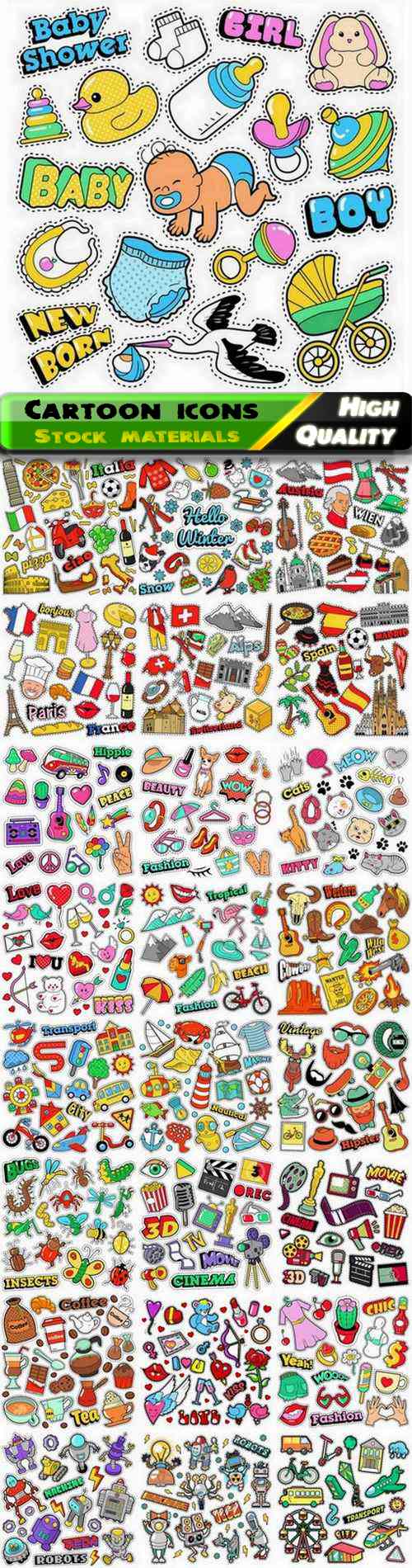 Set of different cartoon icons and objects illustration 25 Eps