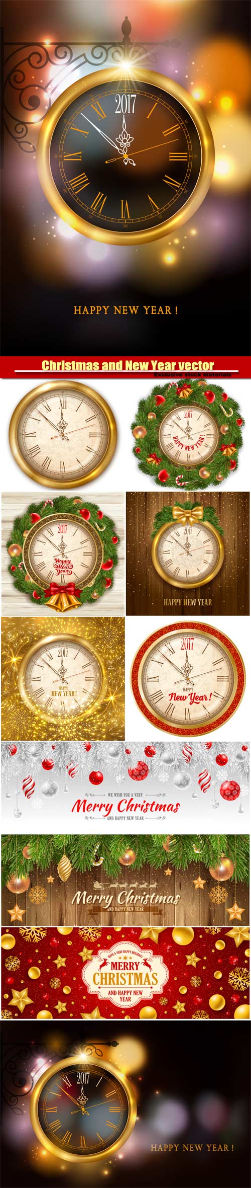 Christmas and New Year vector, clock on bracket with 2017