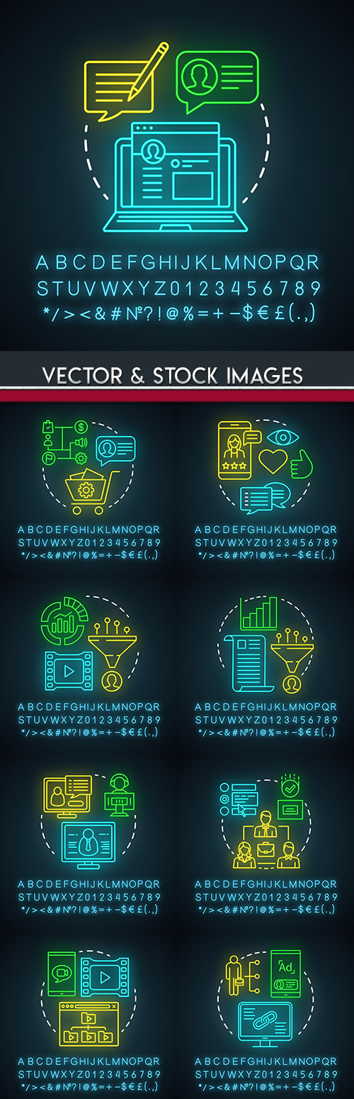 Neon light online content business icon illustration