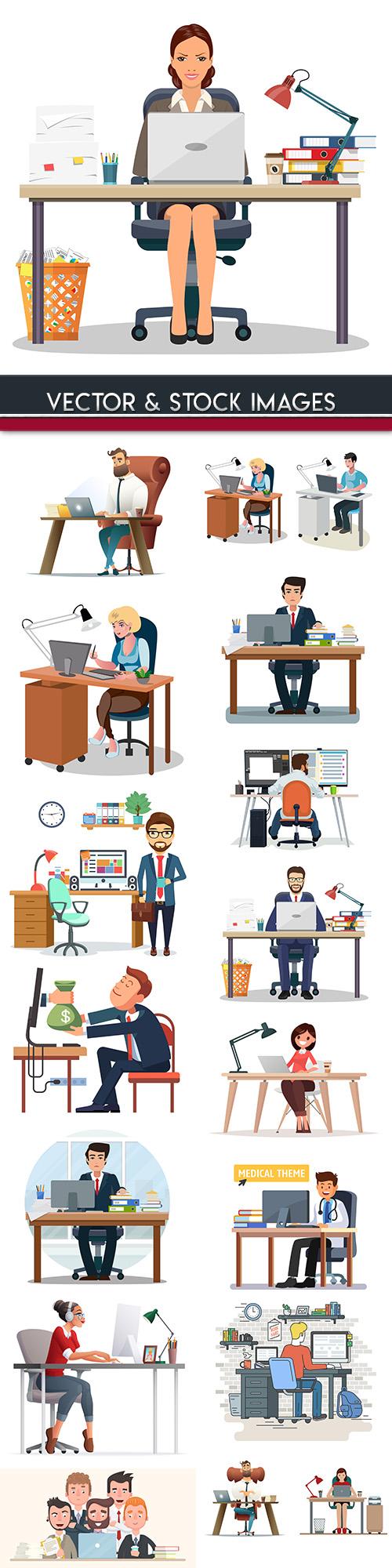 Business office people behind their workplace illustration