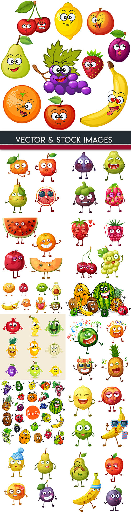 Fruit amusing cheerful cartoon and vegetables