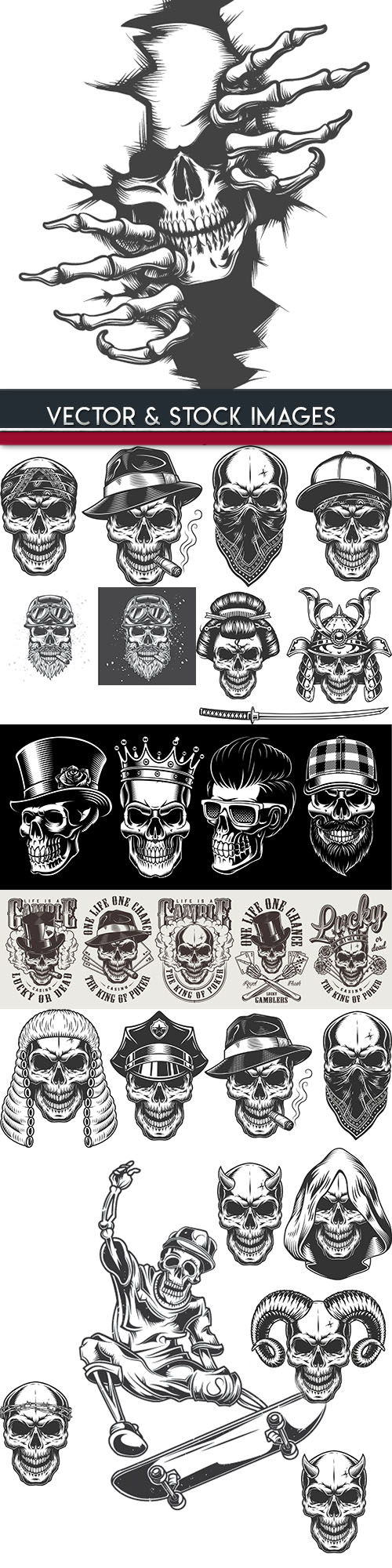Skull and accessories grunge label drawn design 5