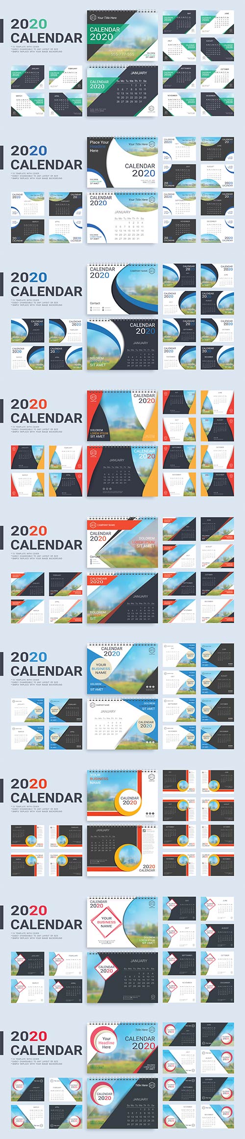 Desk Calendar 2020 template, 12 months and 13 template with